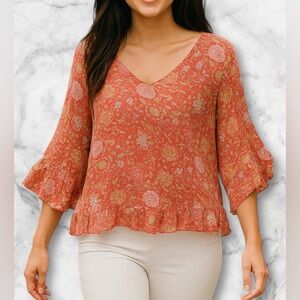 Rachel Zoe Orange and Pink Floral V Neck Ruffle Sleeve Boho Blouse Size L